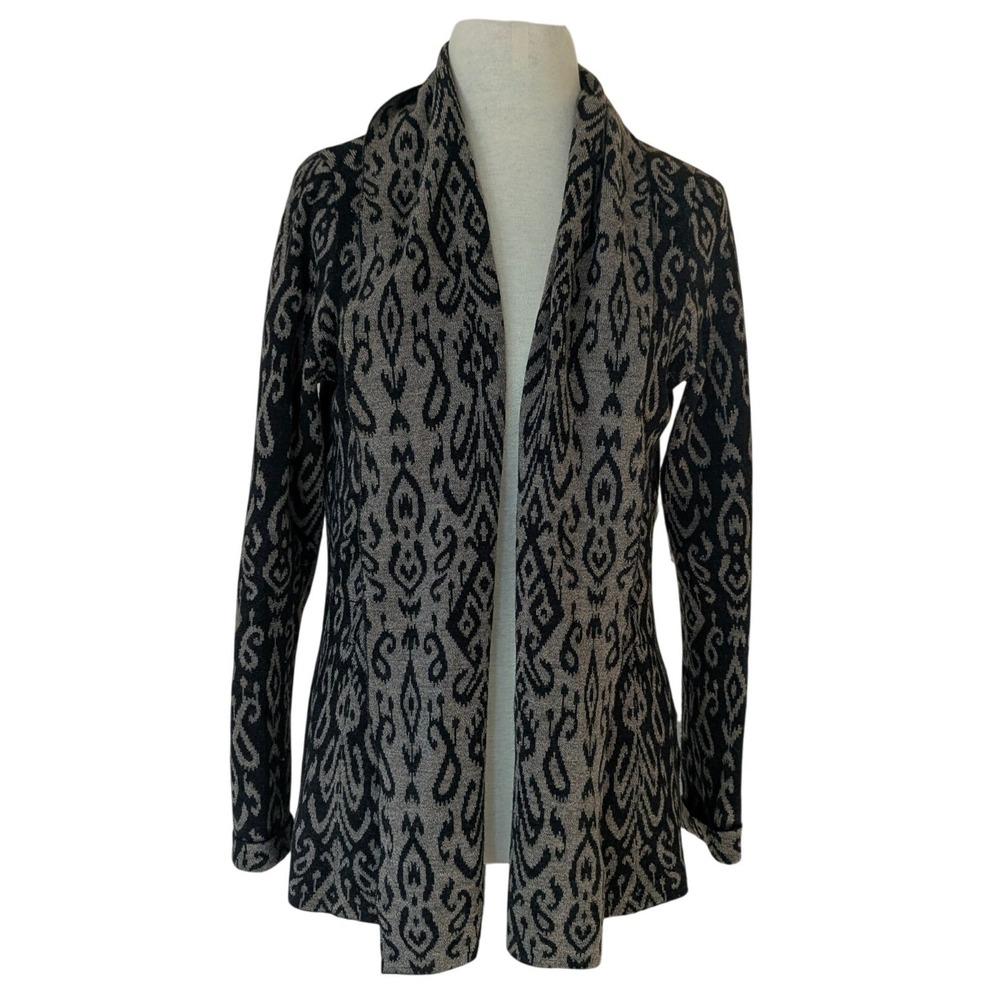 Krimson Klover M 100% Wool Ikat Cardigan Sweater Boho Artsy Black Tan
